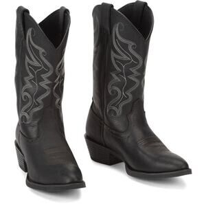 Justin Boots Western Buck Pull-On Cowboy Boots Round Toe Black Leather Mens 9.5